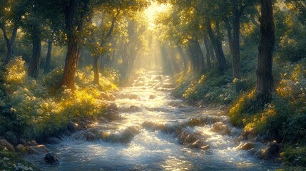 Obraz premium Tranquil Forest Riverside Path with Overhanging Trees and Sunlight