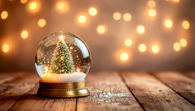 A festive snow globe with a miniature Christmas tree on a wooden table with bokeh lights in the background.
