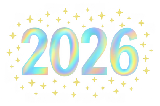 2026 holographic numbers with sparkling stars on transparent background