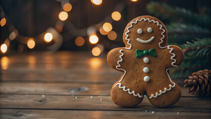 Gingerbread man cookie with white icing and green bow tie on rustic wooden table, festive lights in background, christmas dessert atmosphere