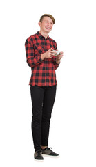 Joyful teenage boy playing video games isolated on transparent background. Excited guy stand all ears holding a joystick console looking attentive trying to win, having fun in the virtual world