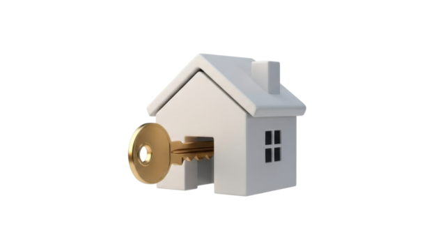 3D icon house model with key, isolated on white background
