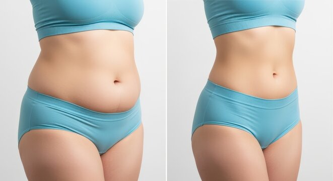 Before and after comparison of a woman's stomach showing significant weight loss and body transformation.