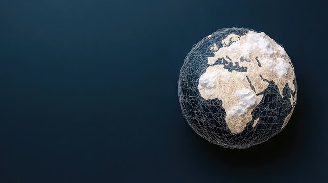 An abstract representation of the Earth globe, featuring a wireframe structure and fluffy clouds, set against a dark blue background.