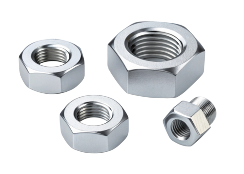 Collection of various metallic nuts and fasteners with threaded interiors for industrial and construction applications, perfect for mechanical engineering projects.
