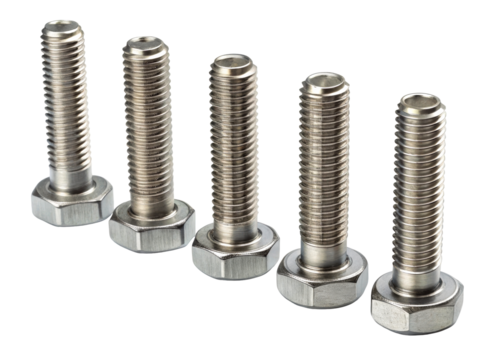Group of five metal threaded bolts and nuts arranged diagonally on a clean surface, representing industrial fasteners and hardware solutions for construction and manufacturing projects.