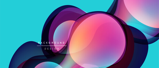Fototapeta premium Abstract fluid shapes overlap, creating vibrant color gradients. Turquoise background complements pinks, purples, blues. Modern design element.