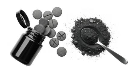 Overturned pill bottle spilling tablets onto surface with spoon and bowl