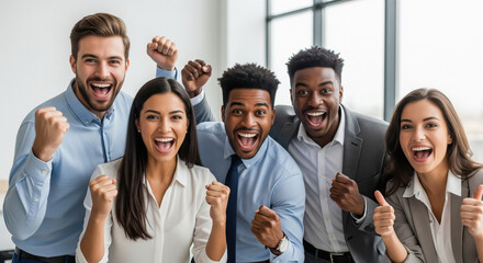 Excited Diverse Business Team Celebrating Success and Achievement in Office