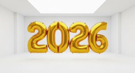 Golden balloons forming the year 2026 displayed in a bright room with white background