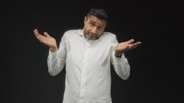 Man shrugging with open hands and raised shoulders in a black studio, casual white shirt and trimmed beard, questioning expression; uncertainty ambivalence.