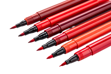 A row of six vibrant red brush pens with black caps arranged diagonally on a white surface for art and calligraphy projects
