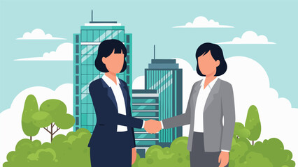 Two professional businesswomen shaking hands for a successful corporate agreement with a modern cityscape background illustration