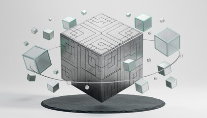 Abstract Geometric Cube with Floating Elements