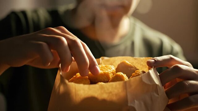 Young man eating fried chicken nuggets from a paper bag, showcasing fast food consumption and quick meal enjoyment for advertisement.