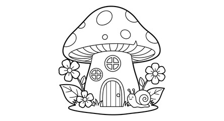 Naklejka premium Whimsical mushroom house with floral accents and cute snail in outline