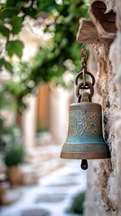 Obraz premium A close-up of a bronze bell hanging on a stone wall, with a blurred background of a village street, lush greenery, and soft natural light.