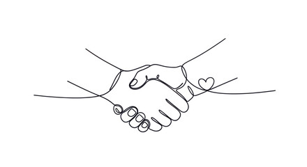 Minimalist line art illustration of a heartfelt handshake with a small heart symbol