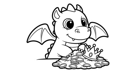 Naklejka premium Cute dragon guarding treasure: black and white cartoon with crown and coins