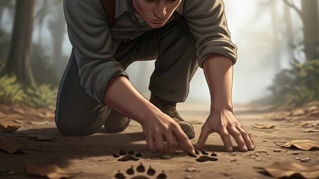 Man examining animal paw prints on a dirt path in a forest.