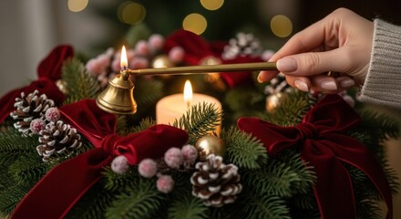A hand lighting a candle on a festive christmas wreath with pinecones, berries, and bells