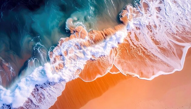 An aerial view captures the dynamic interaction of ocean waves crashing onto a sandy beach under the bright sunlight, creating a beautiful abstract pattern.