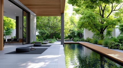 A serene outdoor yoga space featuring a pool, lush greenery, and comfortable seating, bathed in natural daylight.