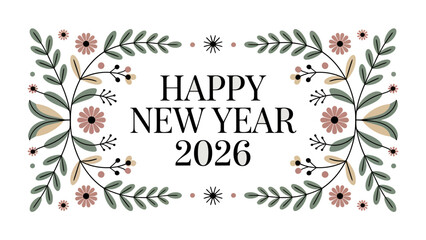 Happy New Year 2026: Celebrate the dawn of a New Year with a festive greeting framed by delicate floral and botanical elements. This artwork encapsulates the freshness of new beginnings.