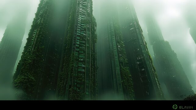 An artistic rendering of tall skyscrapers covered in vegetation, shrouded in fog, creating a mysterious and atmospheric scene.