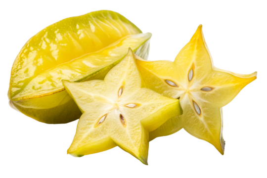 Whole and sliced star fruits, a vibrant tropical ingredient showcasing its unique star shape and juicy texture, perfect for food styling and refreshing beverage concepts