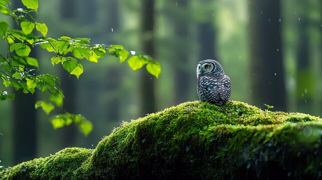 An owl sits on a moss-covered log in a forest, with raindrops falling and green foliage in the background.