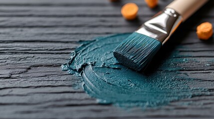 Close-up of a paintbrush applying teal paint on a dark wooden surface, with small orange objects in the background.