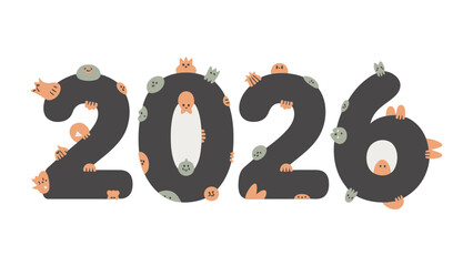 Year of Beasts: A vibrant depiction of the year 2026, where playful creatures playfully engage with each digit. This colorful and whimsical illustration is perfect for seasonal promotions.