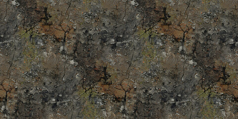 Obraz premium Seamless texture showing cracked weathered surface with moss, rust, and dark stains on a rough wall background. Concept of decay, erosion, and industrial grunge
