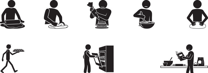 Stickman Baking Icons – Chef Stick Figure Cooking Vector, Kitchen Activity Silhouette Set