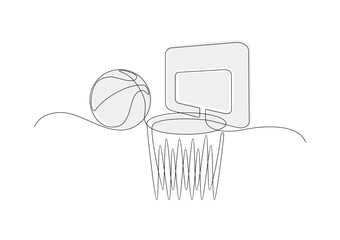 Single line drawing of basket ball and ring. Basket ball sport logo.
