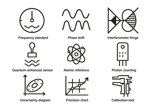 Quantum Metrology Icons. Flat icon set of Quantum Metrology: frequency standard, phase shift, interferometer