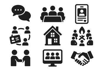 Digital Nomad Icons. Flat icon set of Digital Nomad Communities: group chat, coworking meetup, social media