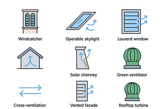 Natural Ventilation Icons. Flat icon set of Natural Ventilation Systems: windcatcher tower, operable skylight,