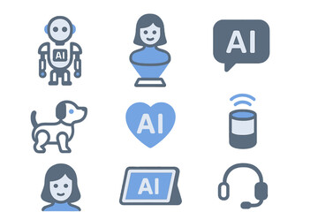 Fototapeta premium AI Companion Icons. Flat icon set of AI companions: humanoid robot, holographic assistant, chat bubble AI,