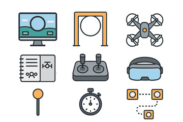 Drone Pilot Training Icons. Flat icon set of Drone pilot training: drone simulator screen, practice gate,