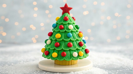 Christmas dessert cupcake shaped like festive tree with colorful candy decorations and red star on top for joyful holiday celebrations