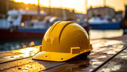 Yellow hard hat rests on wet wooden planks; boats and blurred buildings sit in background, sun shines
