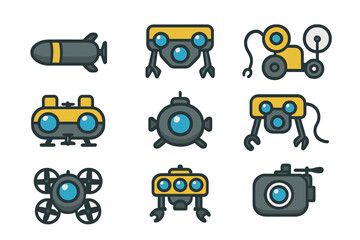 Fototapeta premium Submarine Drone Icons. Flat icon set of Submarine drones: torpedo drone, survey ROV, pipeline inspection bot,