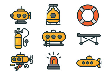 Rescue Submarine Icons. Flat icon set of Rescue submarines: rescue pod, diving bell, life buoy, emergency air