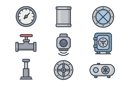 Pressure Technology Icons. Flat icon set of Pressure technology: pressure gauge, titanium hull, reinforced