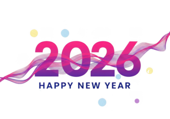Happy new year 2026 with abstract pink wave and confetti isolated on transparent background