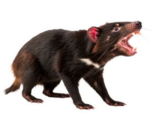 Tasmanian devil with mouth open showing sharp teeth and pink gums, a fierce mammal native to Australia captured in a studio setting for wildlife education or zoological content.