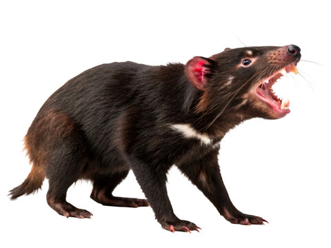 Tasmanian devil with mouth open showing sharp teeth and pink gums, a fierce mammal native to Australia captured in a studio setting for wildlife education or zoological content.