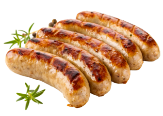 Five juicy grilled pork sausages with char marks arranged with fresh rosemary and peppercorns suitable for barbecue menus and summer cookout promotions or meat product advertising